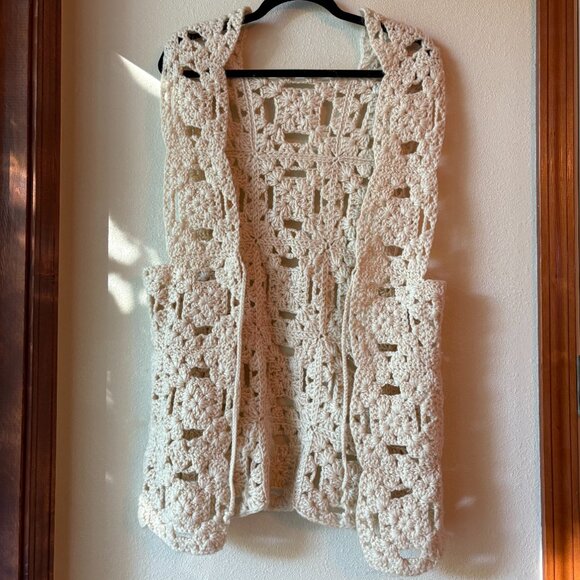 VTG 70s Handmade Crochet Vest Crochet Sweater Vest Granny Square Size L Cream - Picture 2 of 7